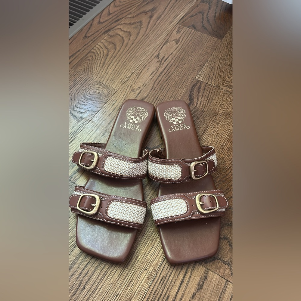 Vince Camuto Brown Leather Slide Sandals with Cream Woven Straps